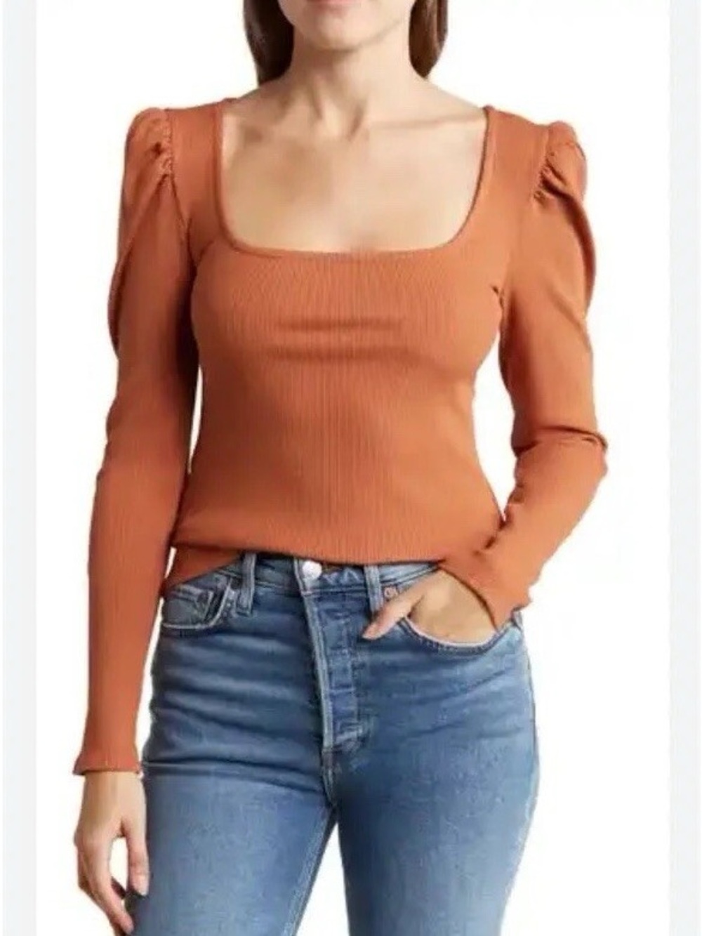 7 for All Mankind Contour-Knit Square neck puff shoulder top - size small